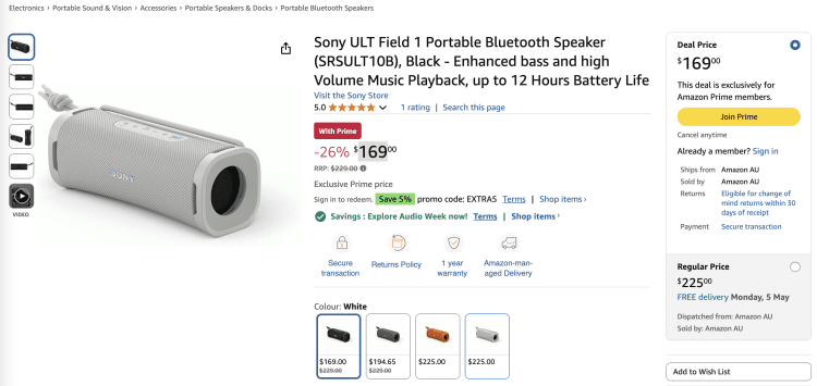 Amazon: Sony ULT Field 1 Portable Bluetooth Speaker (SRSULT10B) – $169 – 26% Off